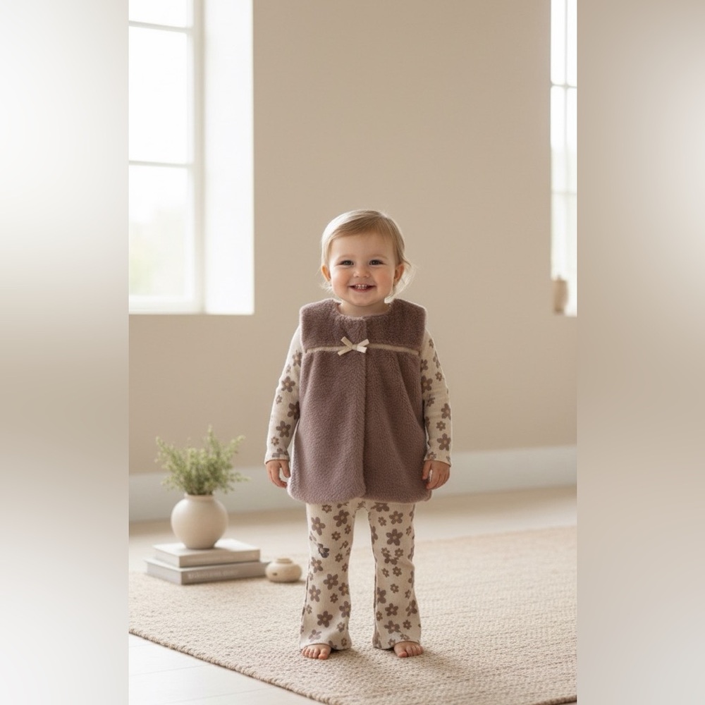 Nicole Miller Girls‎ 3T Floral Bell Bottom Set w/ Fuzzy Vest 3-Piece Outfit